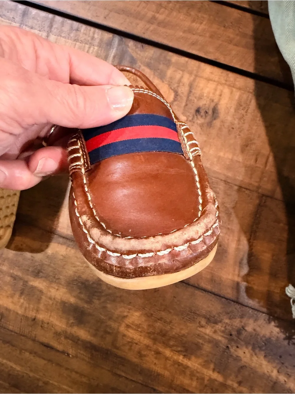 Elephantito Brown Leather Kids Loafers with Navy & Red Stripe